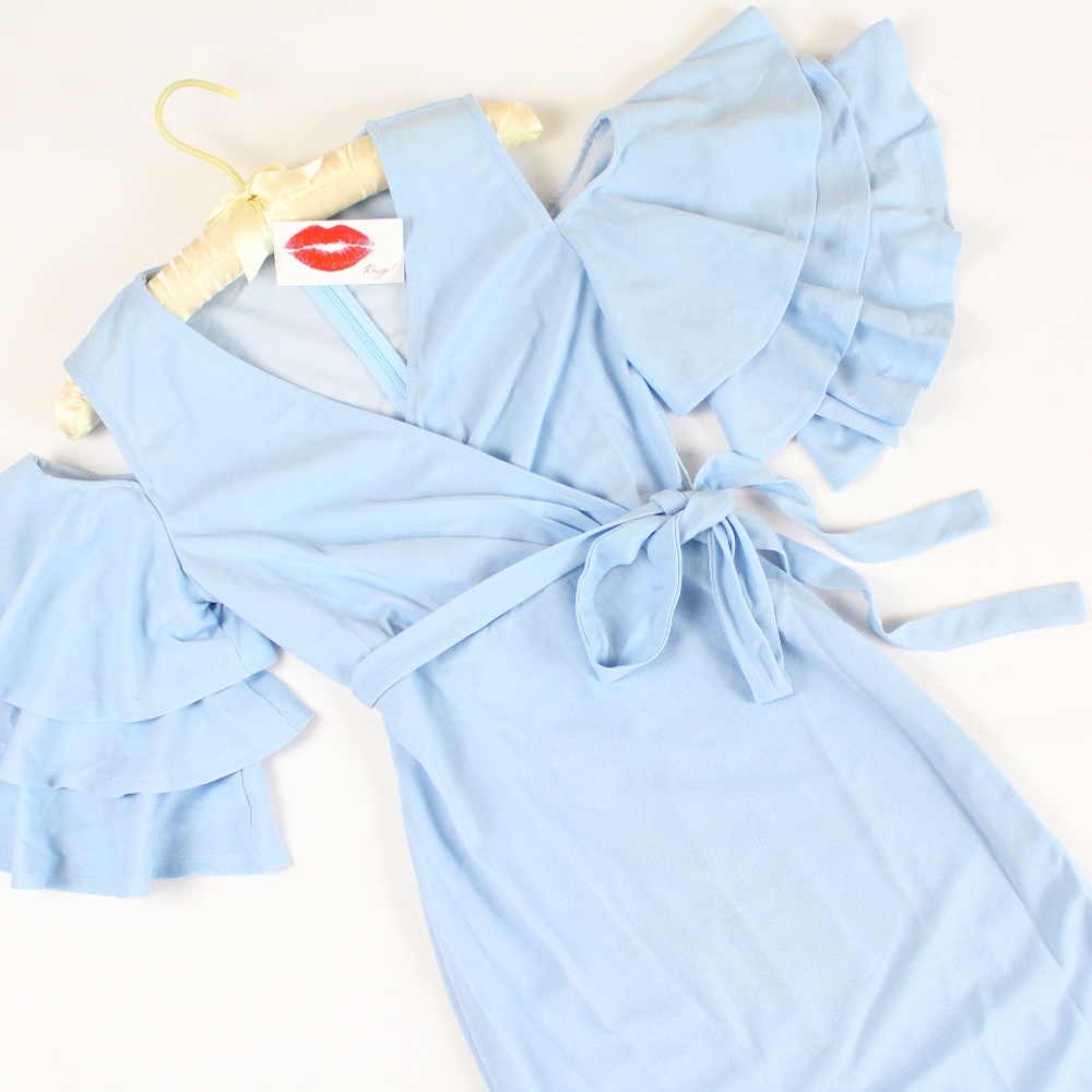Cold Shoulder Ruffle Detail Pencil Midi Belt Dress - Picture 6 of 8